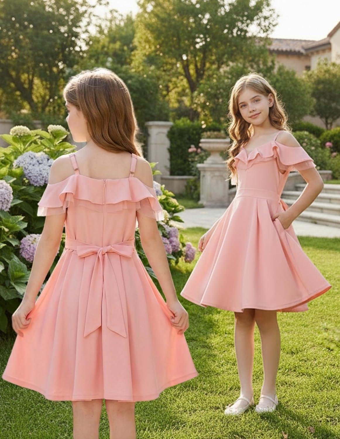 imageGRACE KARIN Girls Elegant Party Dress Cold Shoulder Ruffled Neckline High Waist ALine Dress for Girls 714 YearsPink