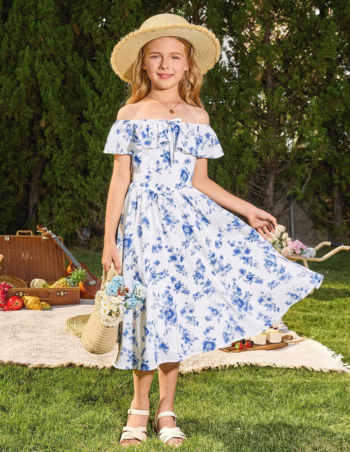 imageGRACE KARIN Girls Floral Dress Summer Midi Dress Off Shoulder Ruffle Spring Long Dresses for TeensBlue Flower