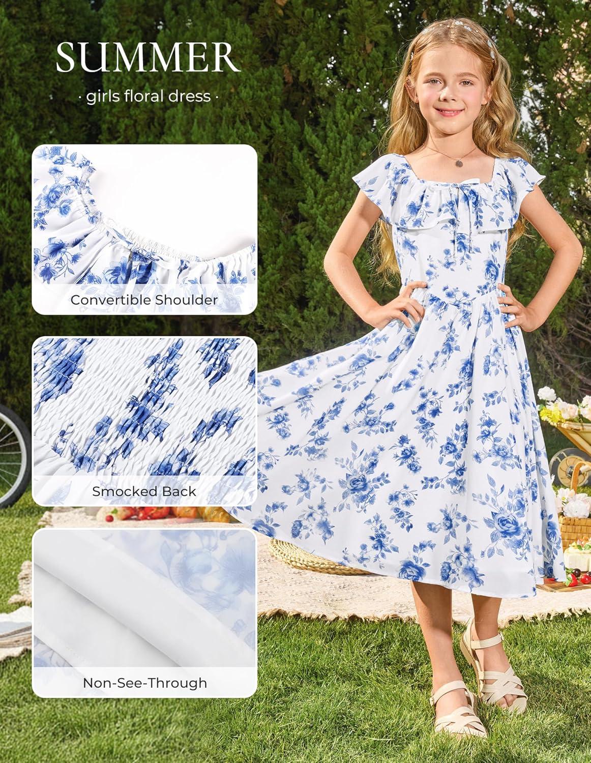 imageGRACE KARIN Girls Floral Dress Summer Midi Dress Off Shoulder Ruffle Spring Long Dresses for TeensBlue Flower