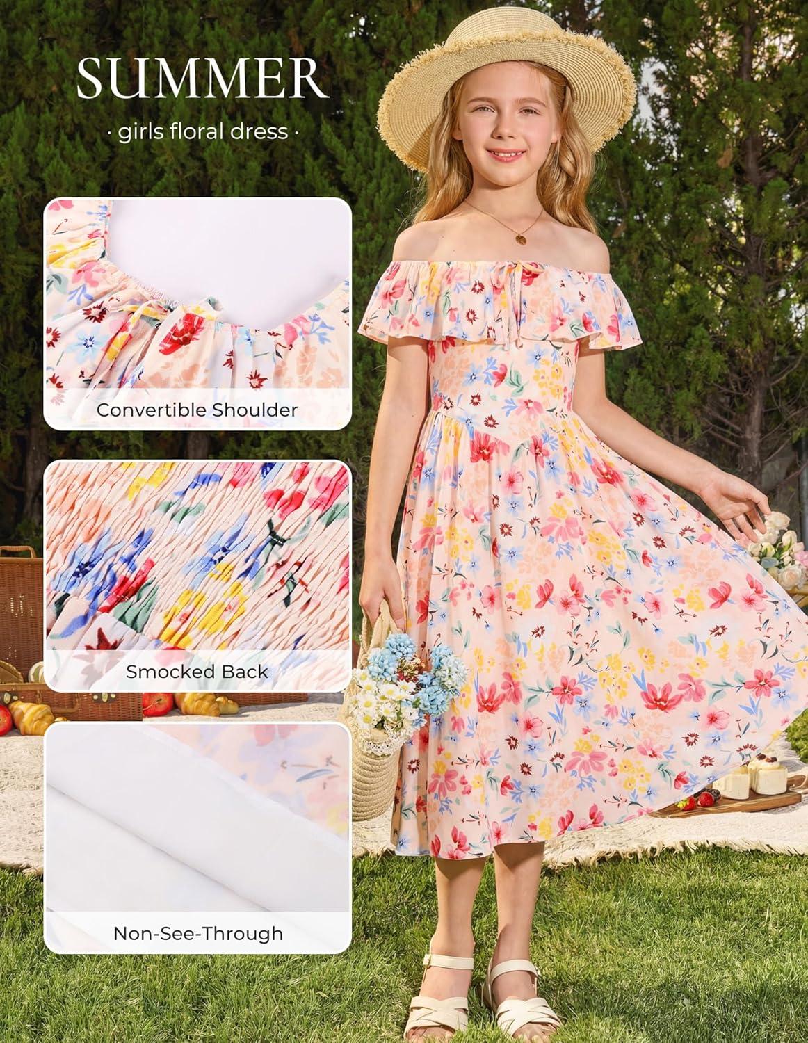 imageGRACE KARIN Girls Floral Dress Summer Midi Dress Off Shoulder Ruffle Spring Long Dresses for TeensColorful Flowers