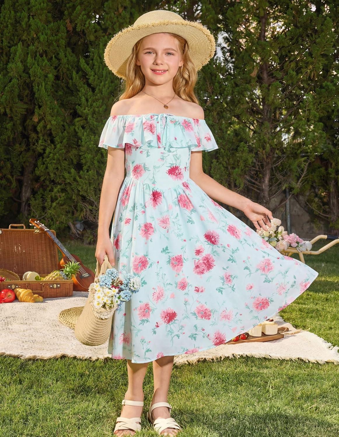 imageGRACE KARIN Girls Floral Dress Summer Midi Dress Off Shoulder Ruffle Spring Long Dresses for TeensGreen Pink Flower