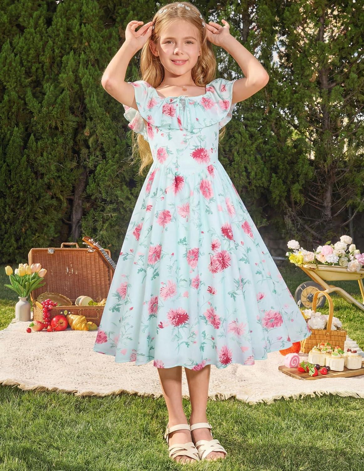 imageGRACE KARIN Girls Floral Dress Summer Midi Dress Off Shoulder Ruffle Spring Long Dresses for TeensGreen Pink Flower