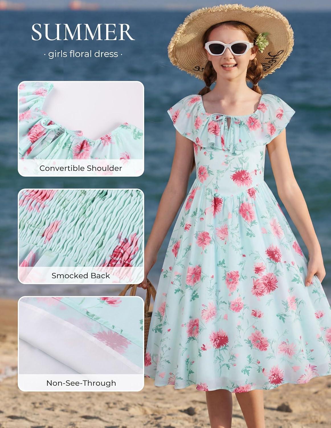 imageGRACE KARIN Girls Floral Dress Summer Midi Dress Off Shoulder Ruffle Spring Long Dresses for TeensGreen Pink Flower