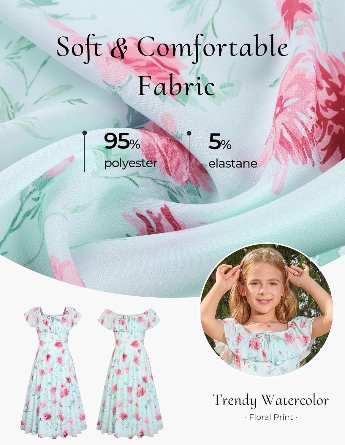 imageGRACE KARIN Girls Floral Dress Summer Midi Dress Off Shoulder Ruffle Spring Long Dresses for TeensGreen Pink Flower