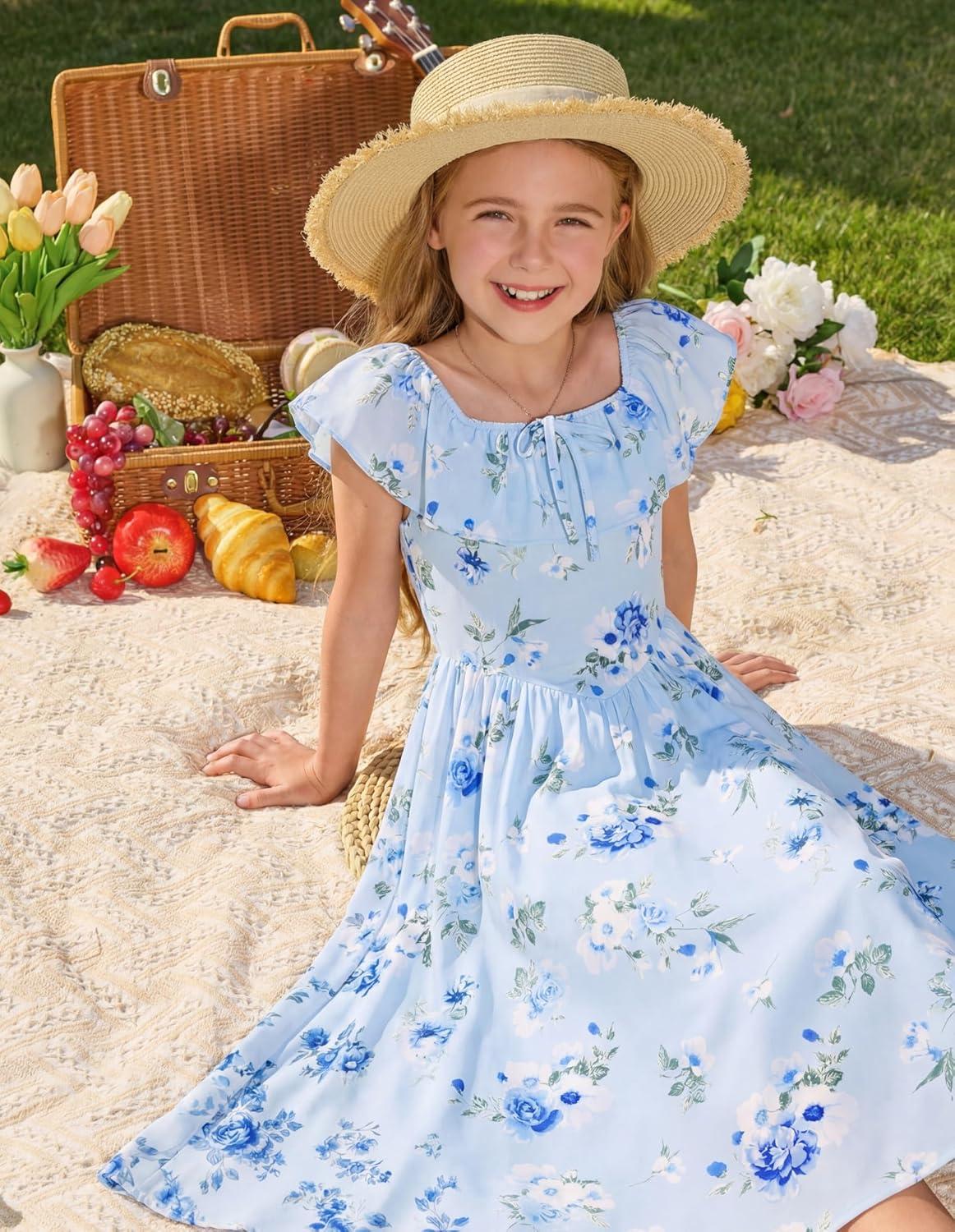 imageGRACE KARIN Girls Floral Dress Summer Midi Dress Off Shoulder Ruffle Spring Long Dresses for TeensLight Blue Flower