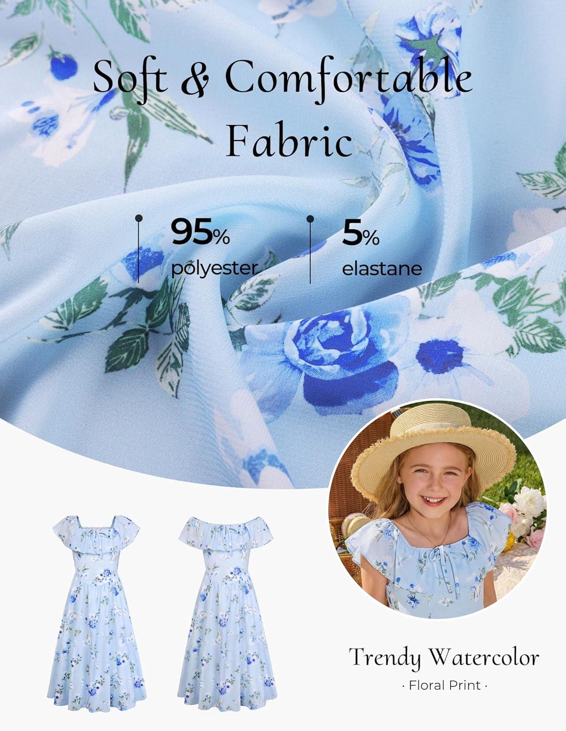 imageGRACE KARIN Girls Floral Dress Summer Midi Dress Off Shoulder Ruffle Spring Long Dresses for TeensLight Blue Flower