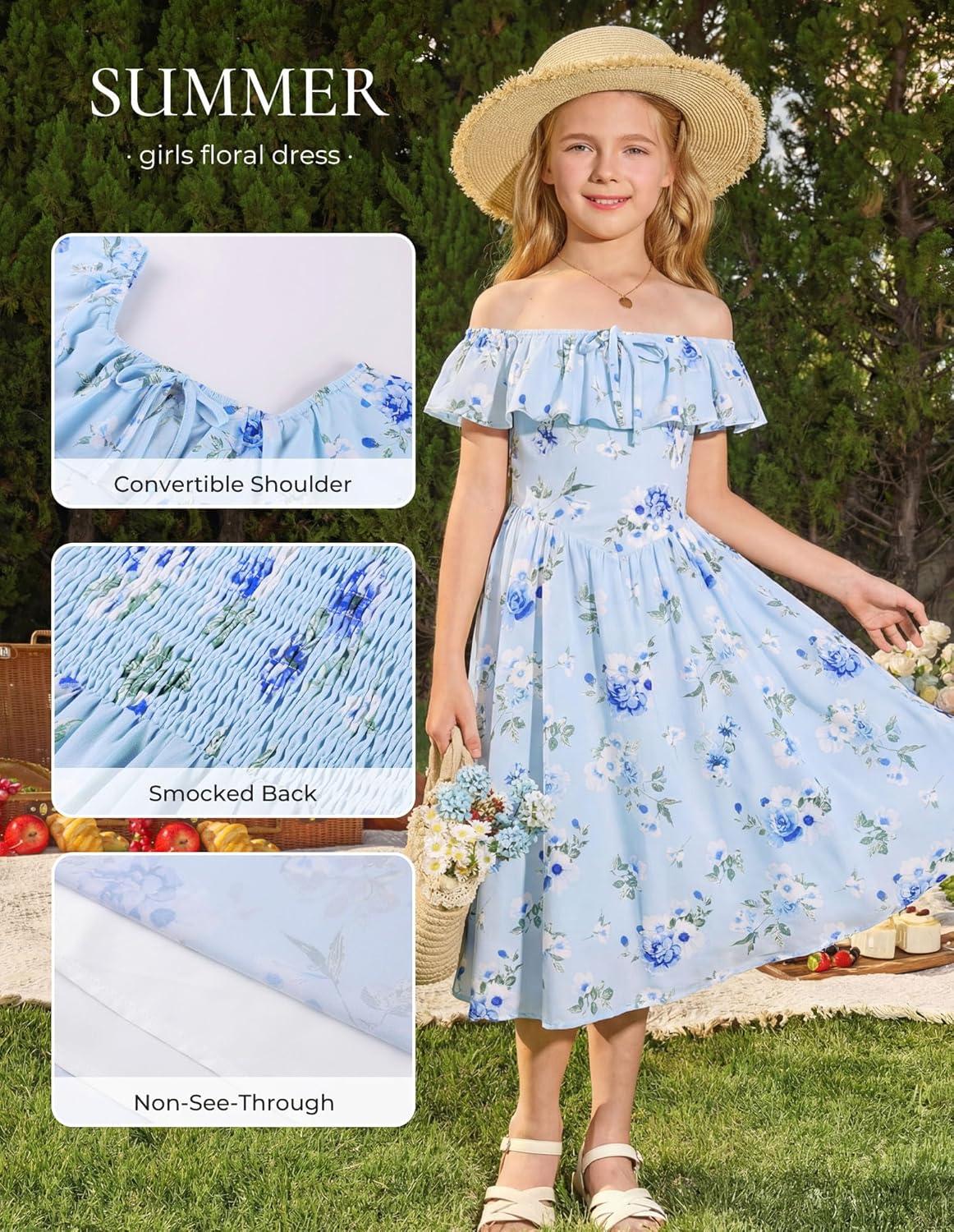 imageGRACE KARIN Girls Floral Dress Summer Midi Dress Off Shoulder Ruffle Spring Long Dresses for TeensLight Blue Flower