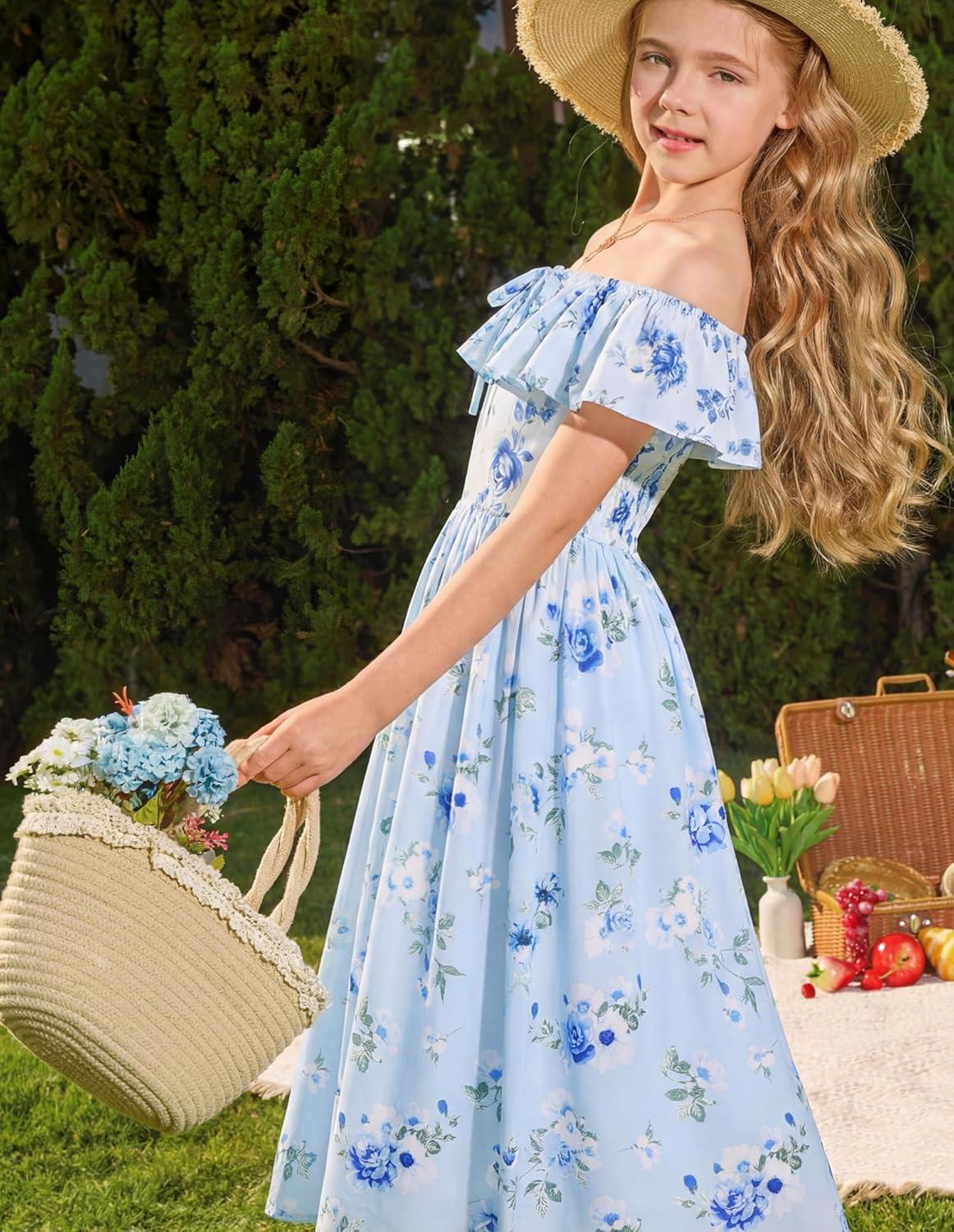 imageGRACE KARIN Girls Floral Dress Summer Midi Dress Off Shoulder Ruffle Spring Long Dresses for TeensLight Blue Flower