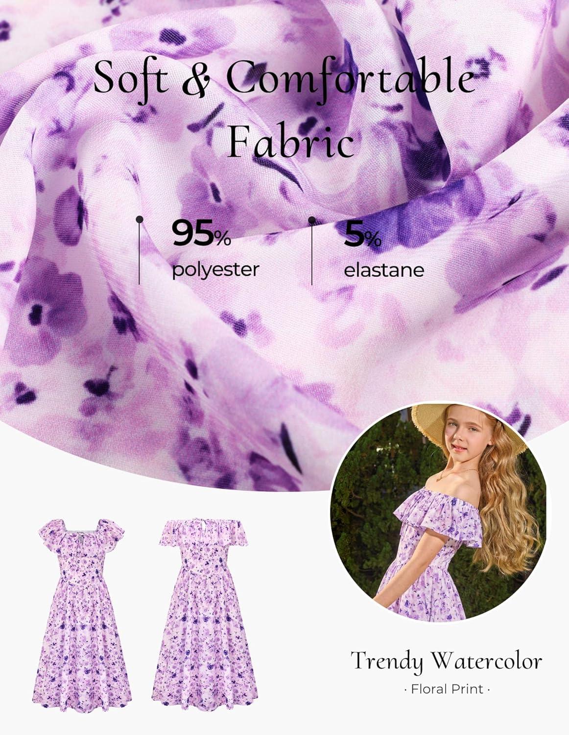 imageGRACE KARIN Girls Floral Dress Summer Midi Dress Off Shoulder Ruffle Spring Long Dresses for TeensPurple Flower