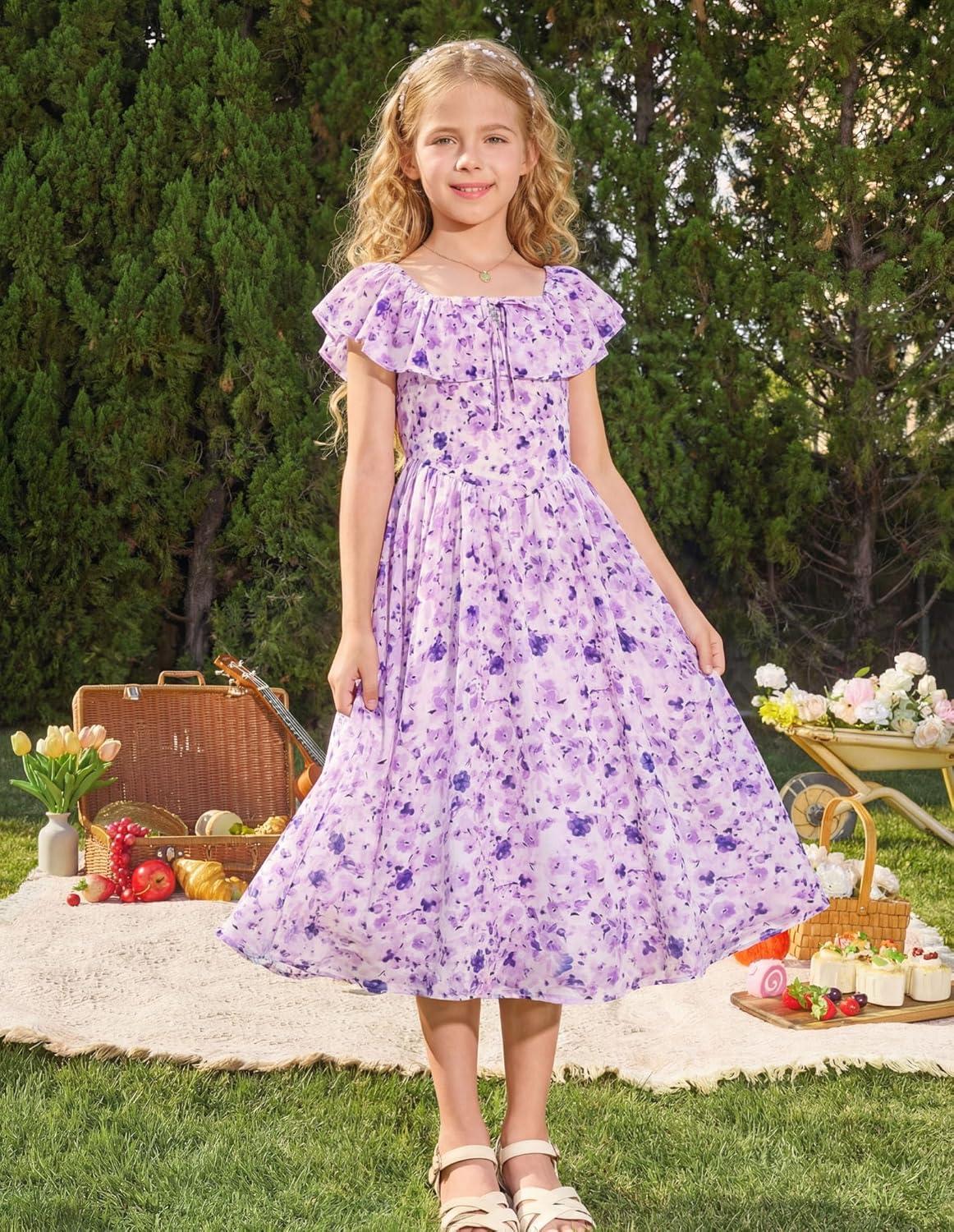 imageGRACE KARIN Girls Floral Dress Summer Midi Dress Off Shoulder Ruffle Spring Long Dresses for TeensPurple Flower