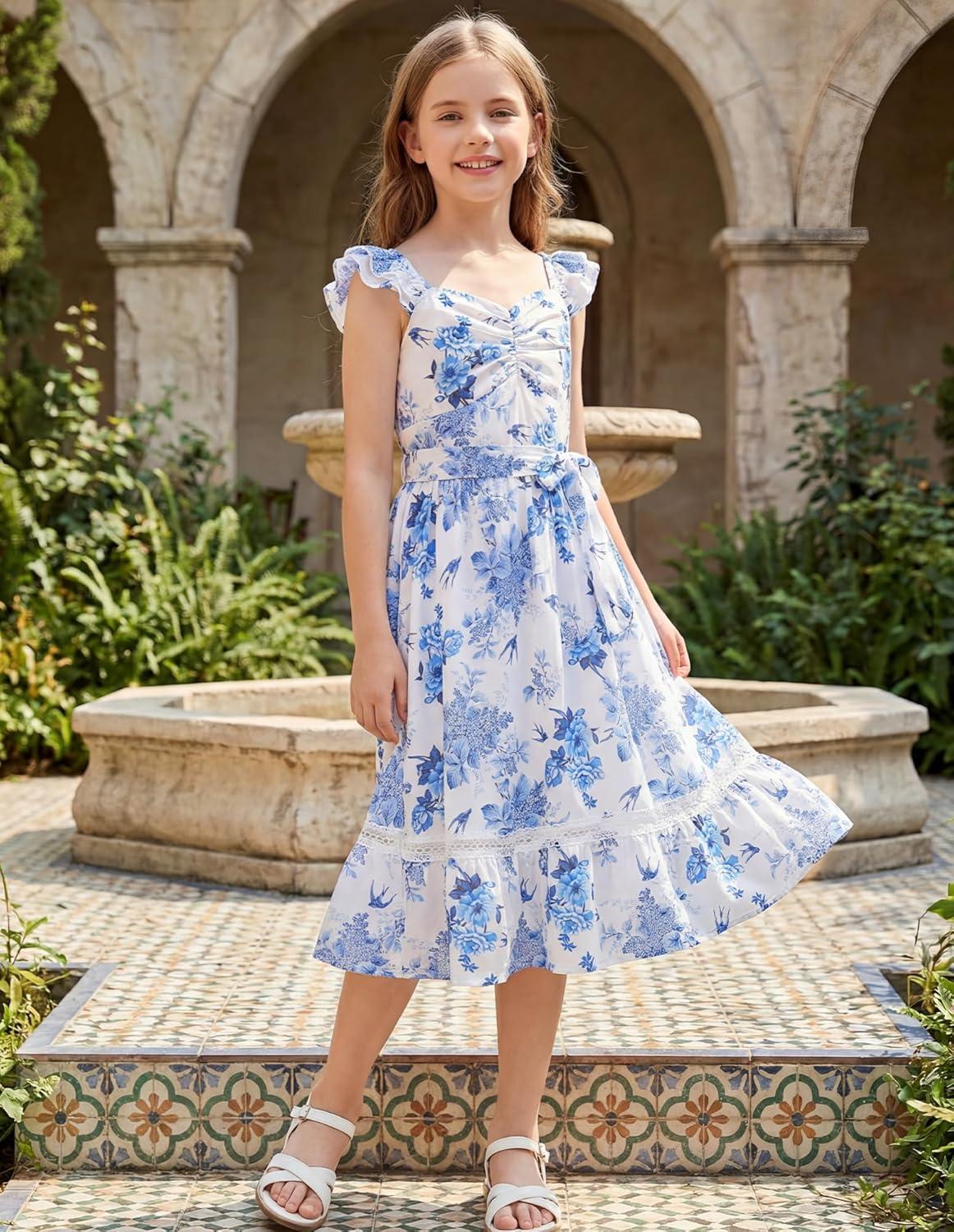 imageGRACE KARIN Girls Floral Spring Summer Dresses 714 Easter Flower Girl Maxi Dress Party Flutter Sleeve Holiday SundressBlue Floral