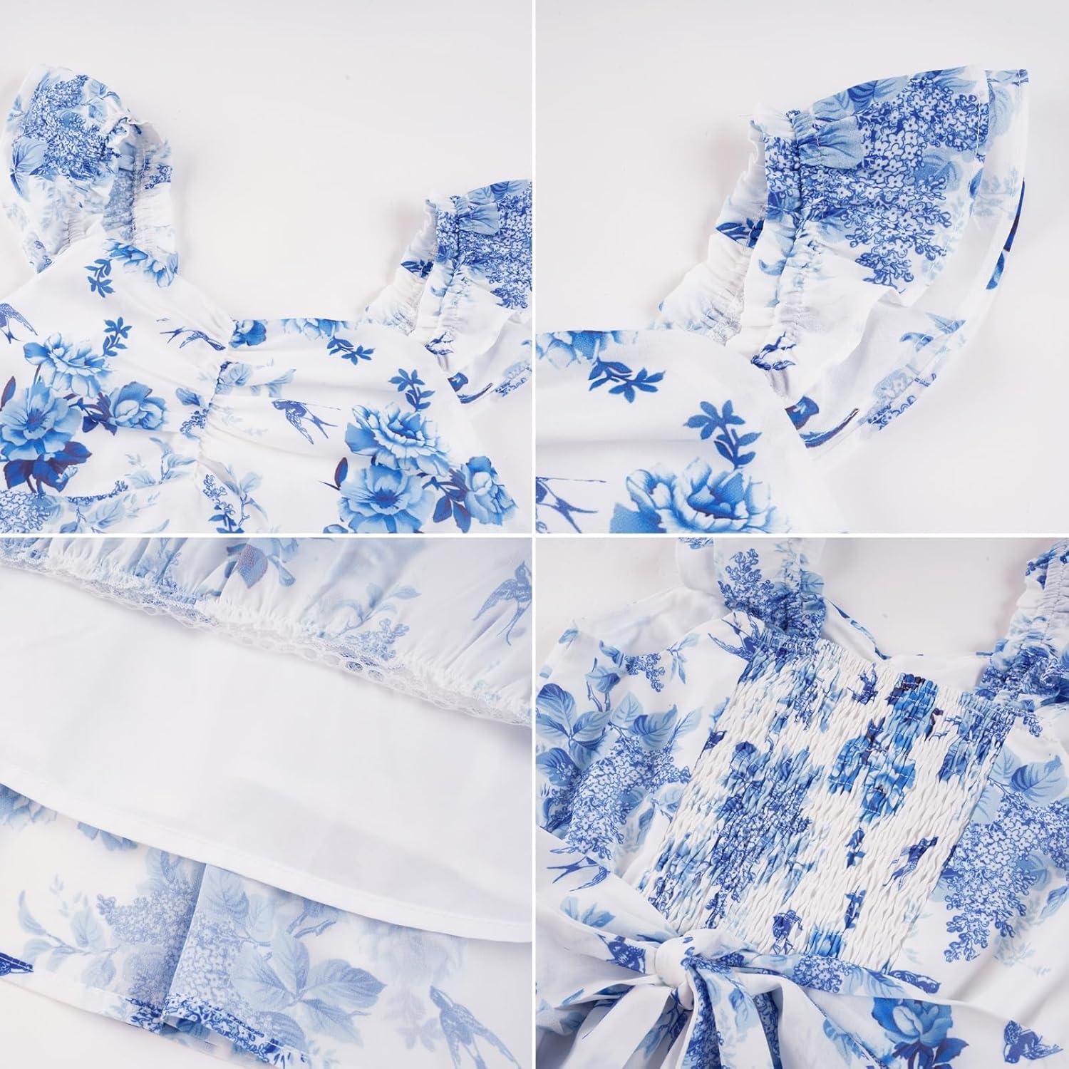 imageGRACE KARIN Girls Floral Spring Summer Dresses 714 Easter Flower Girl Maxi Dress Party Flutter Sleeve Holiday SundressBlue Floral