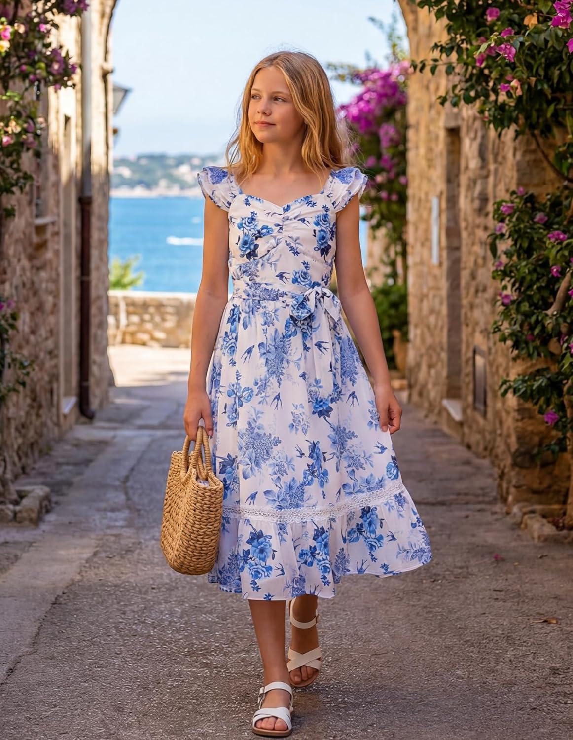imageGRACE KARIN Girls Floral Spring Summer Dresses 714 Easter Flower Girl Maxi Dress Party Flutter Sleeve Holiday SundressBlue Floral