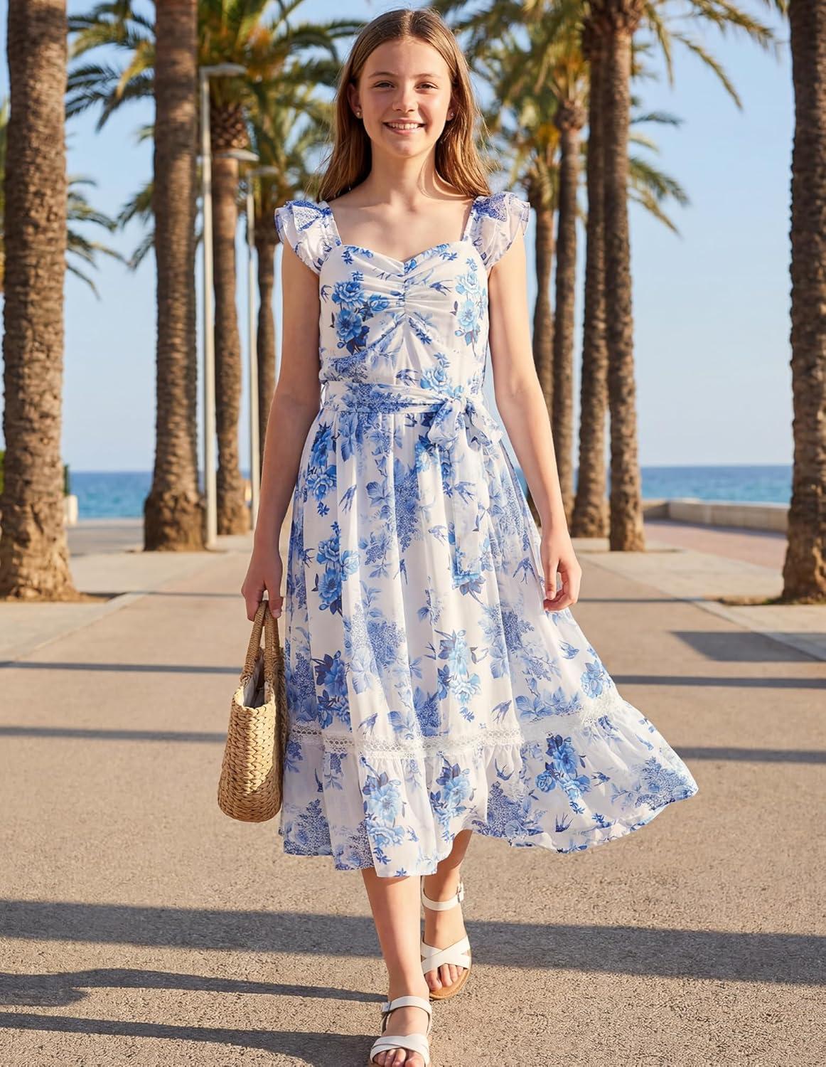 imageGRACE KARIN Girls Floral Spring Summer Dresses 714 Easter Flower Girl Maxi Dress Party Flutter Sleeve Holiday SundressBlue Floral