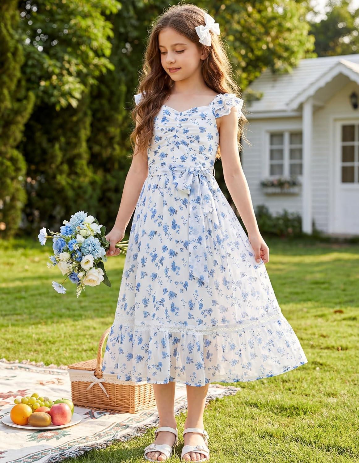 imageGRACE KARIN Girls Floral Spring Summer Dresses 714 Easter Flower Girl Maxi Dress Party Flutter Sleeve Holiday SundressBlue Flower
