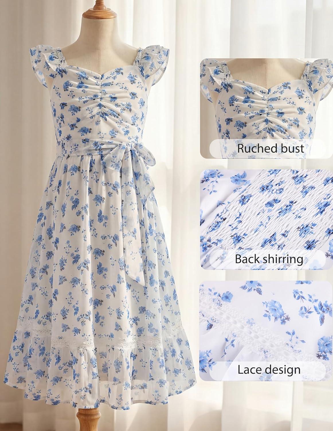 imageGRACE KARIN Girls Floral Spring Summer Dresses 714 Easter Flower Girl Maxi Dress Party Flutter Sleeve Holiday SundressBlue Flower