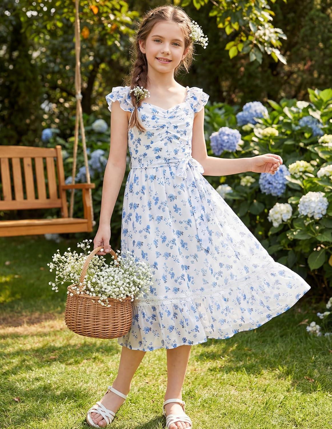 imageGRACE KARIN Girls Floral Spring Summer Dresses 714 Easter Flower Girl Maxi Dress Party Flutter Sleeve Holiday SundressBlue Flower