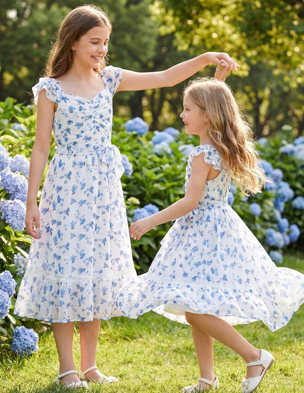 imageGRACE KARIN Girls Floral Spring Summer Dresses 714 Easter Flower Girl Maxi Dress Party Flutter Sleeve Holiday SundressBlue Flower