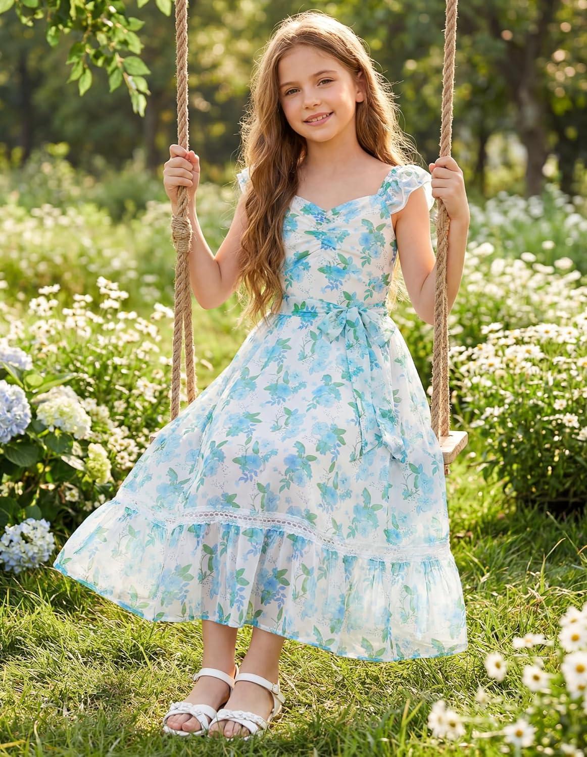 imageGRACE KARIN Girls Floral Spring Summer Dresses 714 Easter Flower Girl Maxi Dress Party Flutter Sleeve Holiday SundressGreen Floral