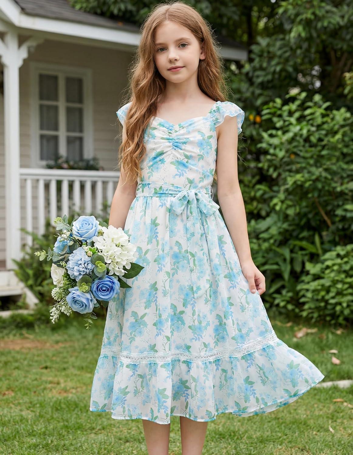 imageGRACE KARIN Girls Floral Spring Summer Dresses 714 Easter Flower Girl Maxi Dress Party Flutter Sleeve Holiday SundressGreen Floral
