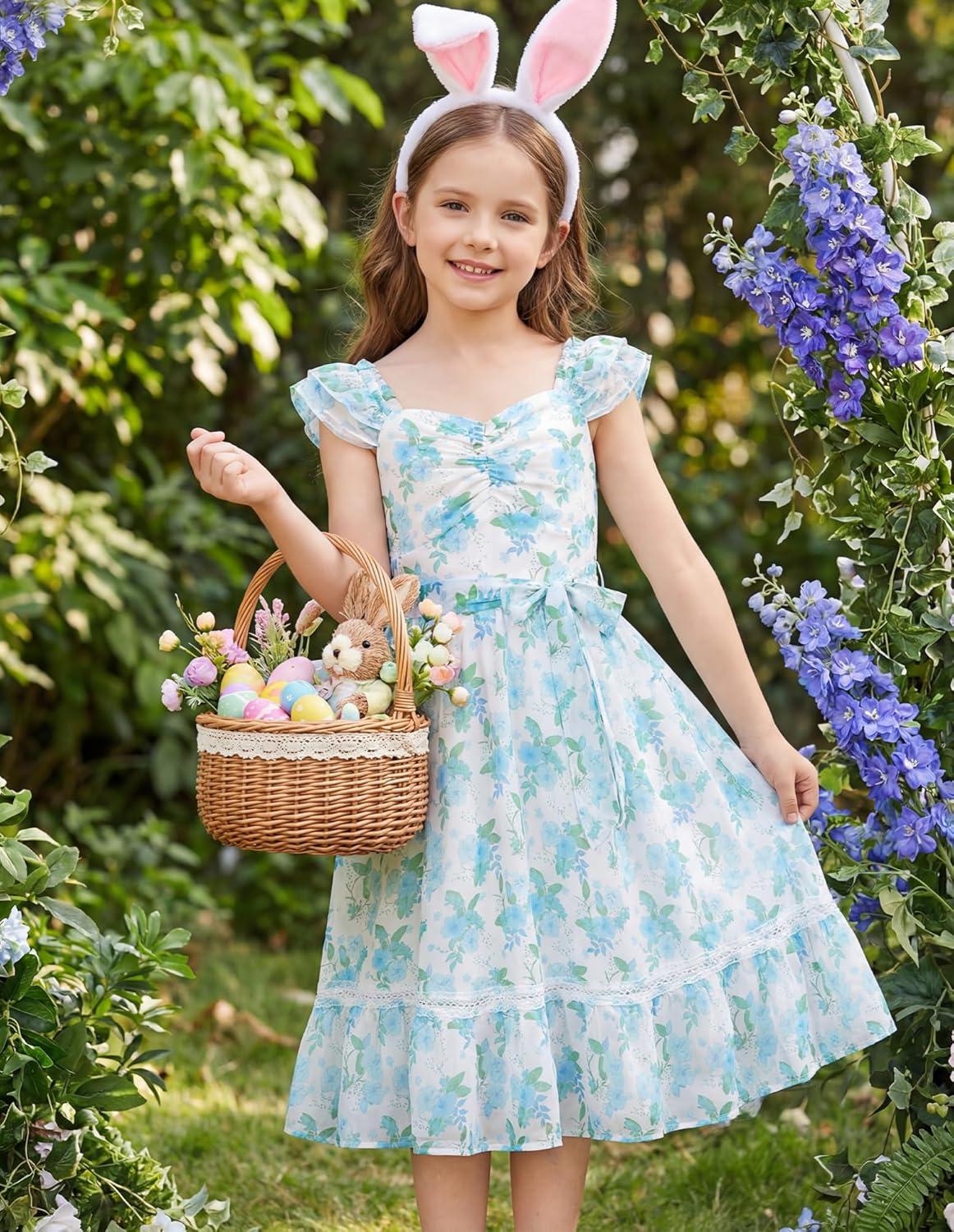 imageGRACE KARIN Girls Floral Spring Summer Dresses 714 Easter Flower Girl Maxi Dress Party Flutter Sleeve Holiday SundressGreen Floral