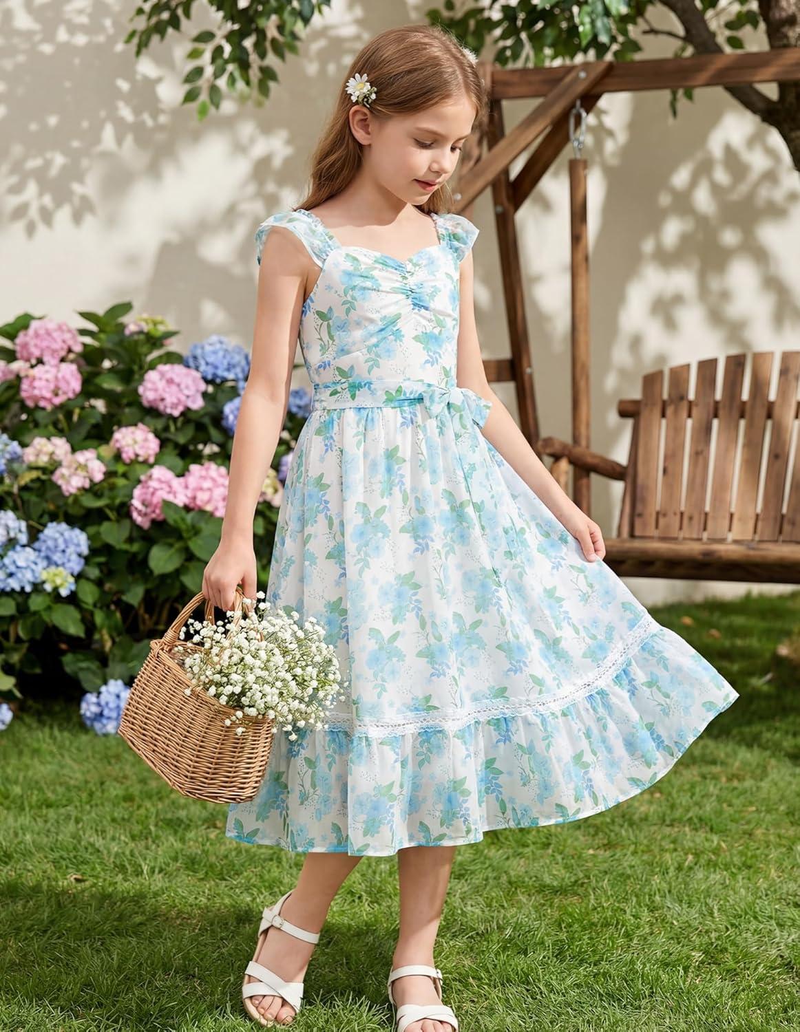 imageGRACE KARIN Girls Floral Spring Summer Dresses 714 Easter Flower Girl Maxi Dress Party Flutter Sleeve Holiday SundressGreen Floral