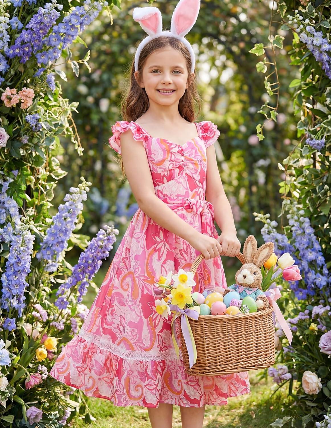 imageGRACE KARIN Girls Floral Spring Summer Dresses 714 Easter Flower Girl Maxi Dress Party Flutter Sleeve Holiday SundressOrange Floralrose Red