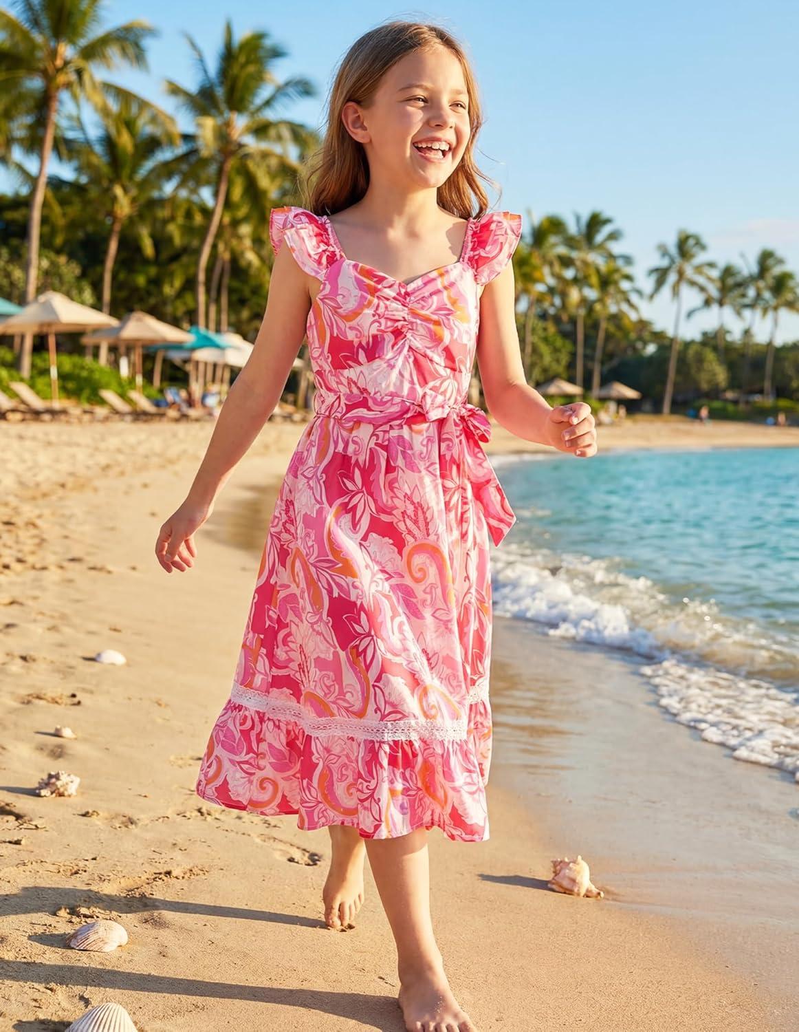 imageGRACE KARIN Girls Floral Spring Summer Dresses 714 Easter Flower Girl Maxi Dress Party Flutter Sleeve Holiday SundressOrange Floralrose Red