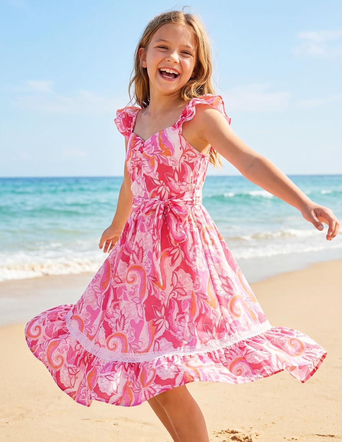 imageGRACE KARIN Girls Floral Spring Summer Dresses 714 Easter Flower Girl Maxi Dress Party Flutter Sleeve Holiday SundressOrange Floralrose Red