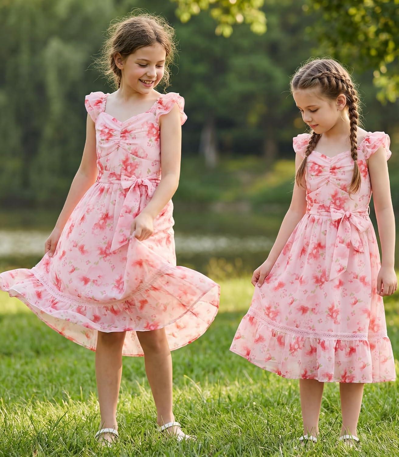 imageGRACE KARIN Girls Floral Spring Summer Dresses 714 Easter Flower Girl Maxi Dress Party Flutter Sleeve Holiday SundressPink Floral