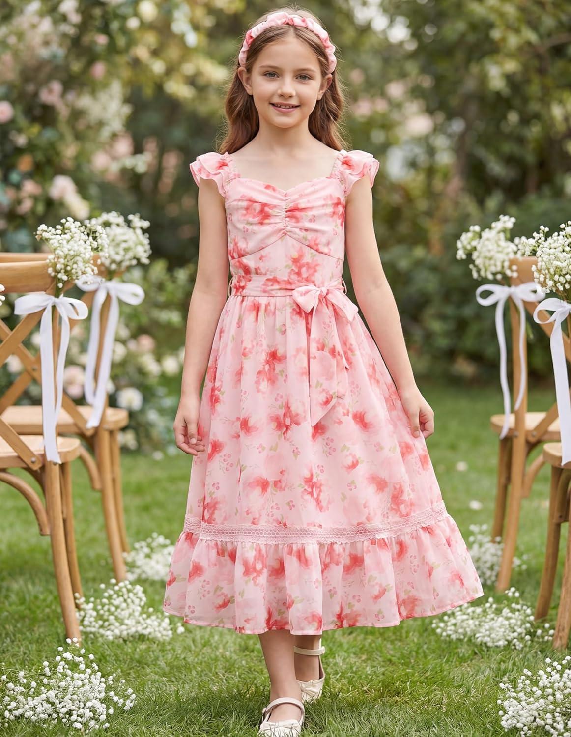 imageGRACE KARIN Girls Floral Spring Summer Dresses 714 Easter Flower Girl Maxi Dress Party Flutter Sleeve Holiday SundressPink Floral