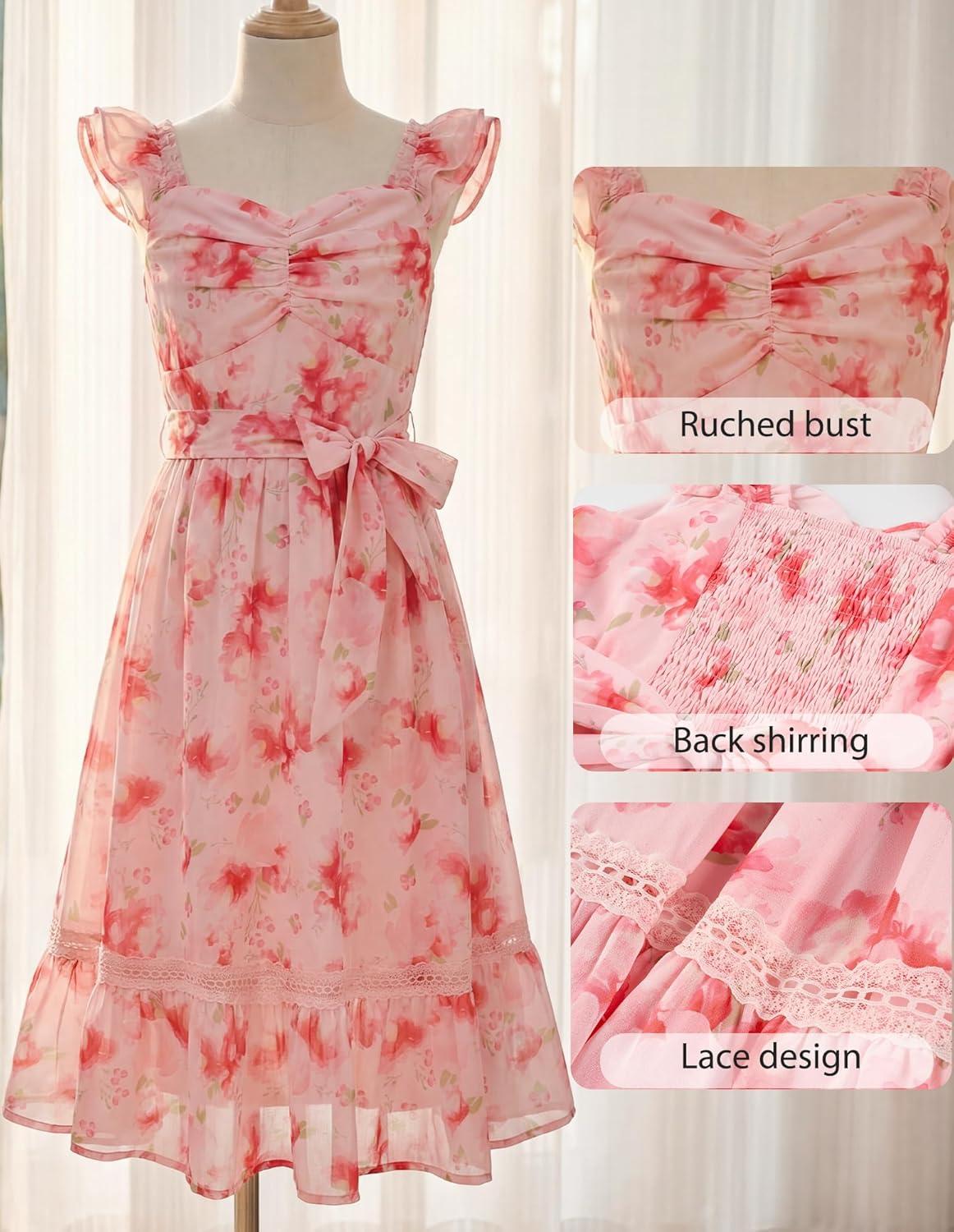 imageGRACE KARIN Girls Floral Spring Summer Dresses 714 Easter Flower Girl Maxi Dress Party Flutter Sleeve Holiday SundressPink Floral