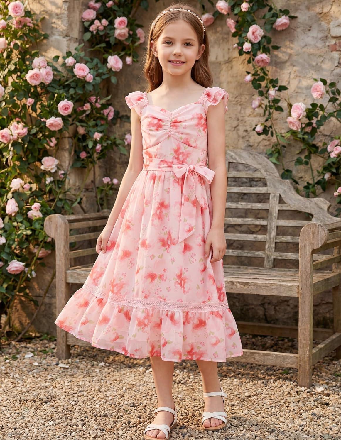 imageGRACE KARIN Girls Floral Spring Summer Dresses 714 Easter Flower Girl Maxi Dress Party Flutter Sleeve Holiday SundressPink Floral