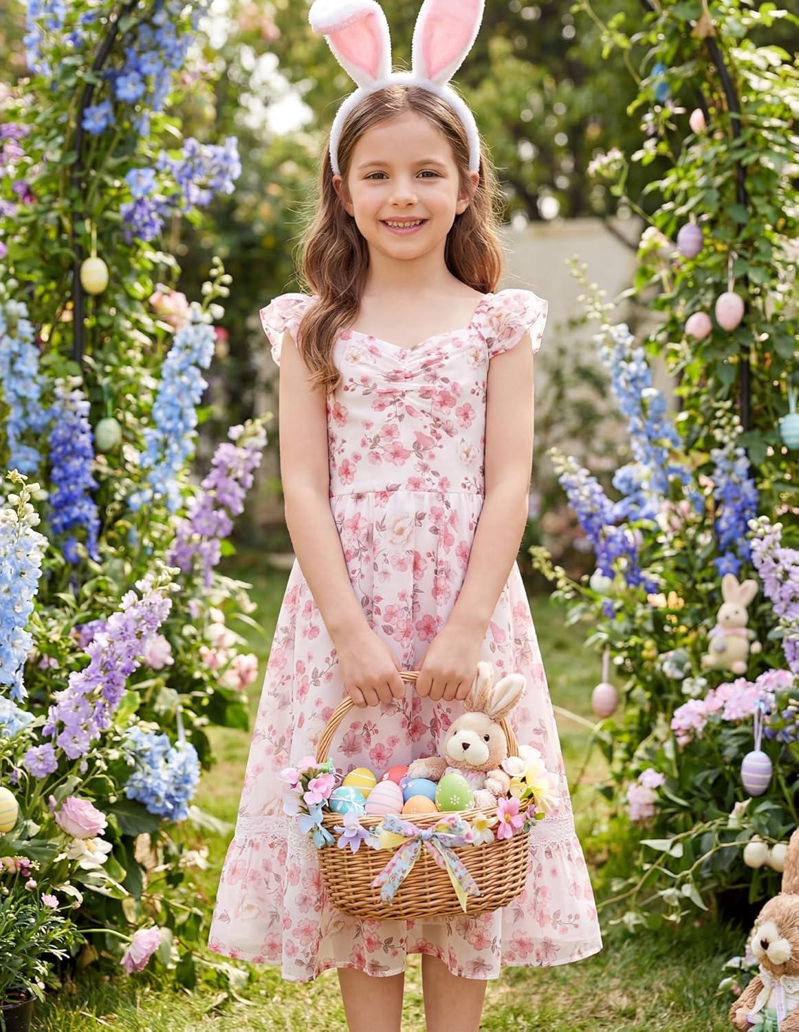 imageGRACE KARIN Girls Floral Spring Summer Dresses 714 Easter Flower Girl Maxi Dress Party Flutter Sleeve Holiday SundressPink Flower