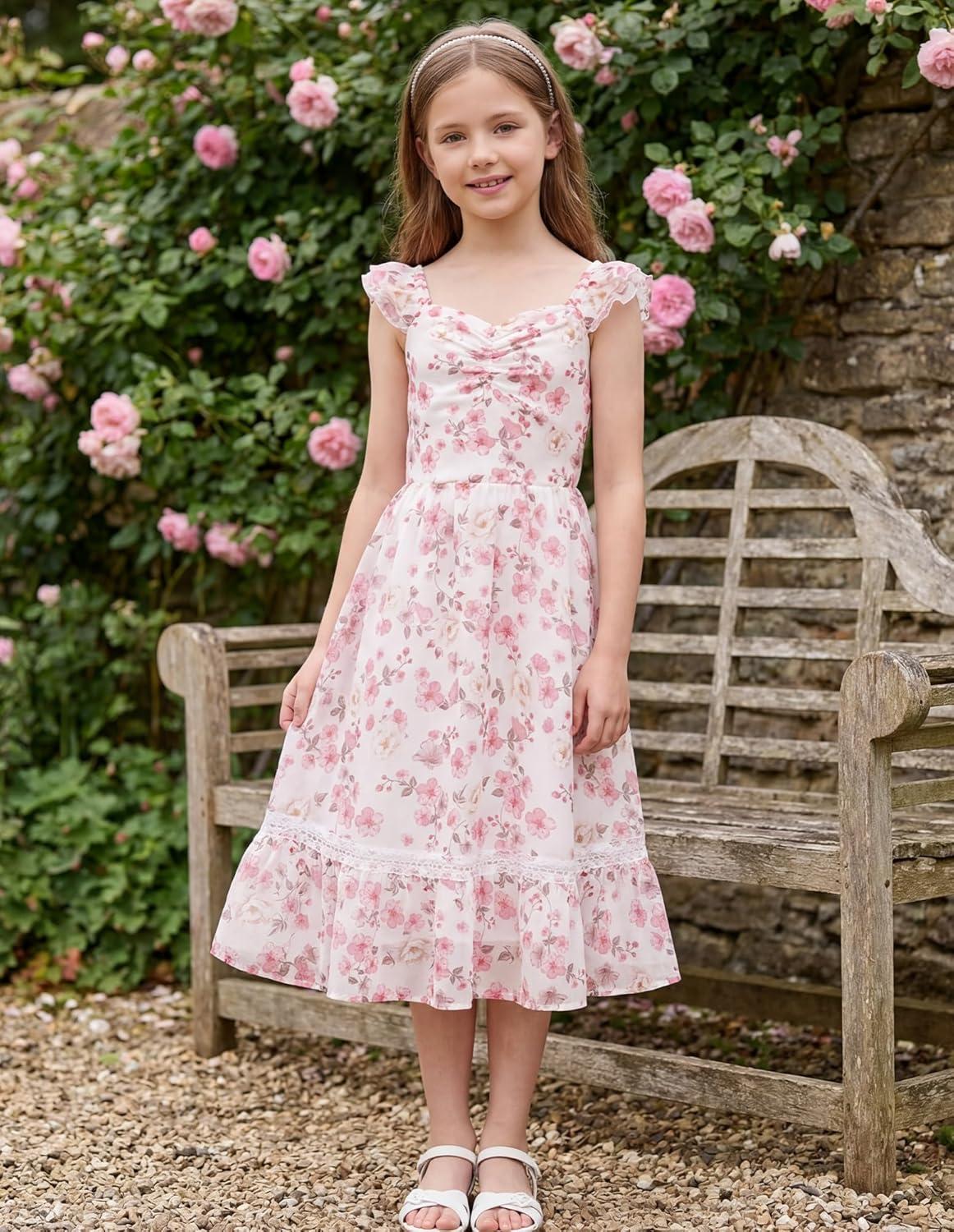 imageGRACE KARIN Girls Floral Spring Summer Dresses 714 Easter Flower Girl Maxi Dress Party Flutter Sleeve Holiday SundressPink Flower