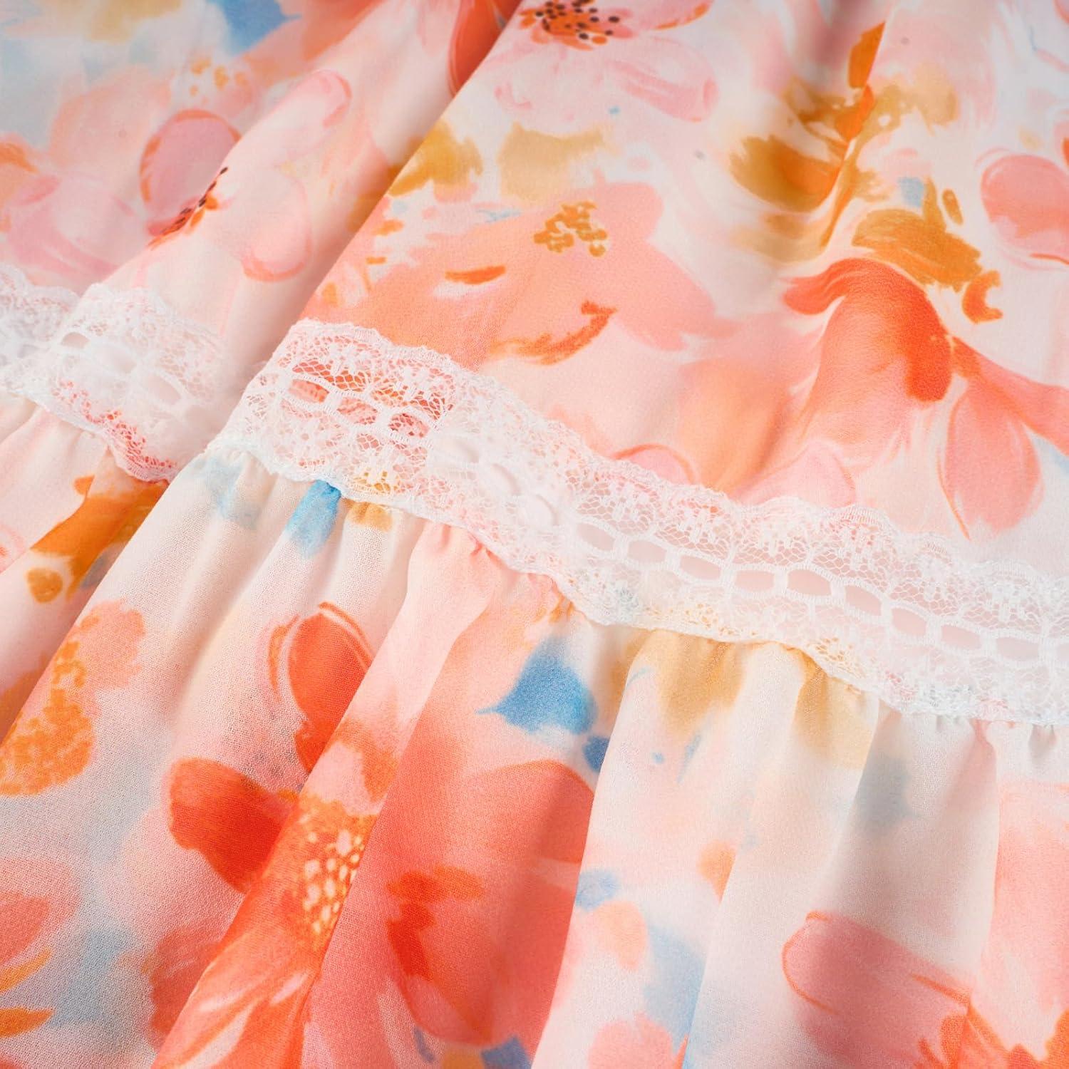 imageGRACE KARIN Girls Floral Spring Summer Dresses 714 Easter Flower Girl Maxi Dress Party Flutter Sleeve Holiday SundressRose Red Floralorange
