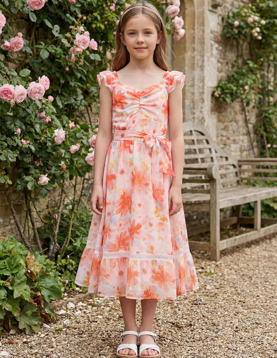 imageGRACE KARIN Girls Floral Spring Summer Dresses 714 Easter Flower Girl Maxi Dress Party Flutter Sleeve Holiday SundressRose Red Floralorange