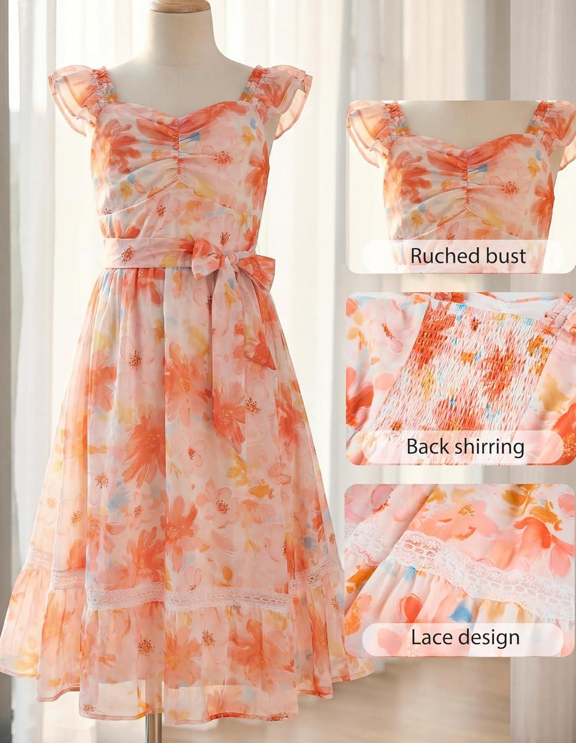 imageGRACE KARIN Girls Floral Spring Summer Dresses 714 Easter Flower Girl Maxi Dress Party Flutter Sleeve Holiday SundressRose Red Floralorange