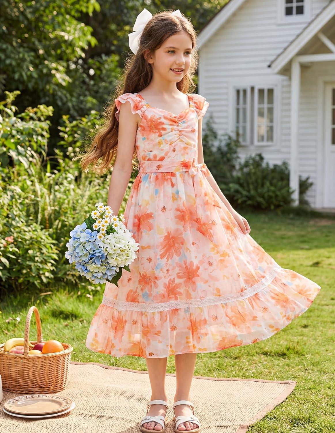 imageGRACE KARIN Girls Floral Spring Summer Dresses 714 Easter Flower Girl Maxi Dress Party Flutter Sleeve Holiday SundressRose Red Floralorange