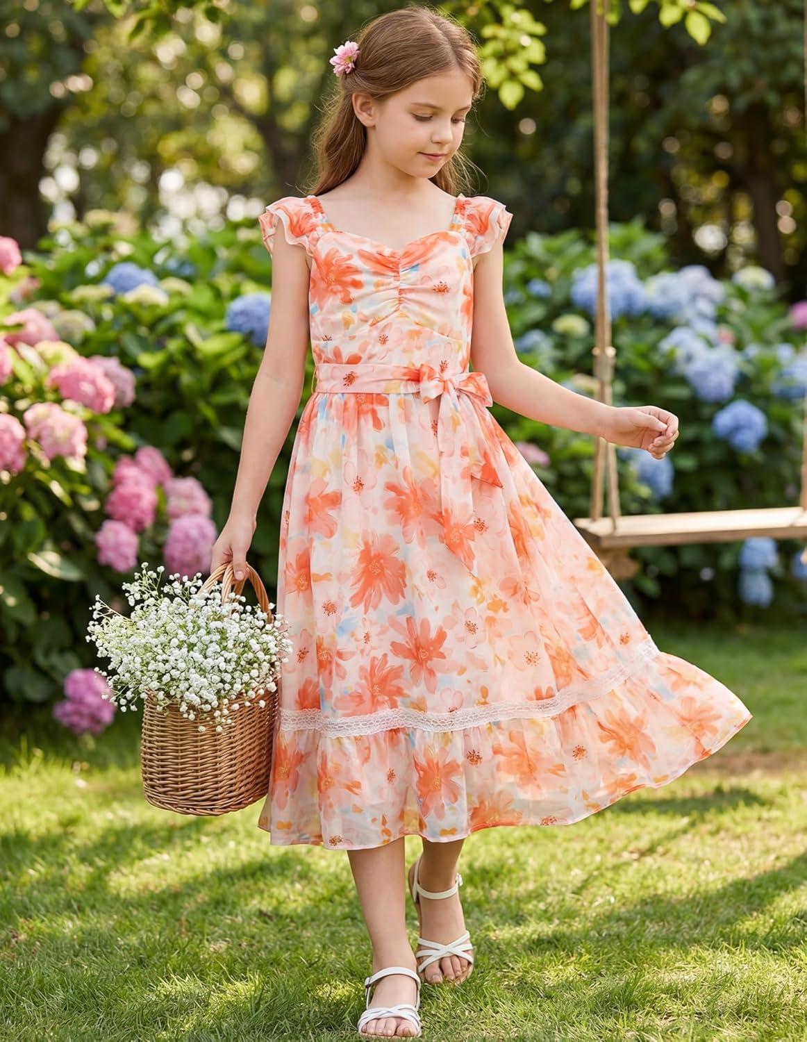 imageGRACE KARIN Girls Floral Spring Summer Dresses 714 Easter Flower Girl Maxi Dress Party Flutter Sleeve Holiday SundressRose Red Floralorange