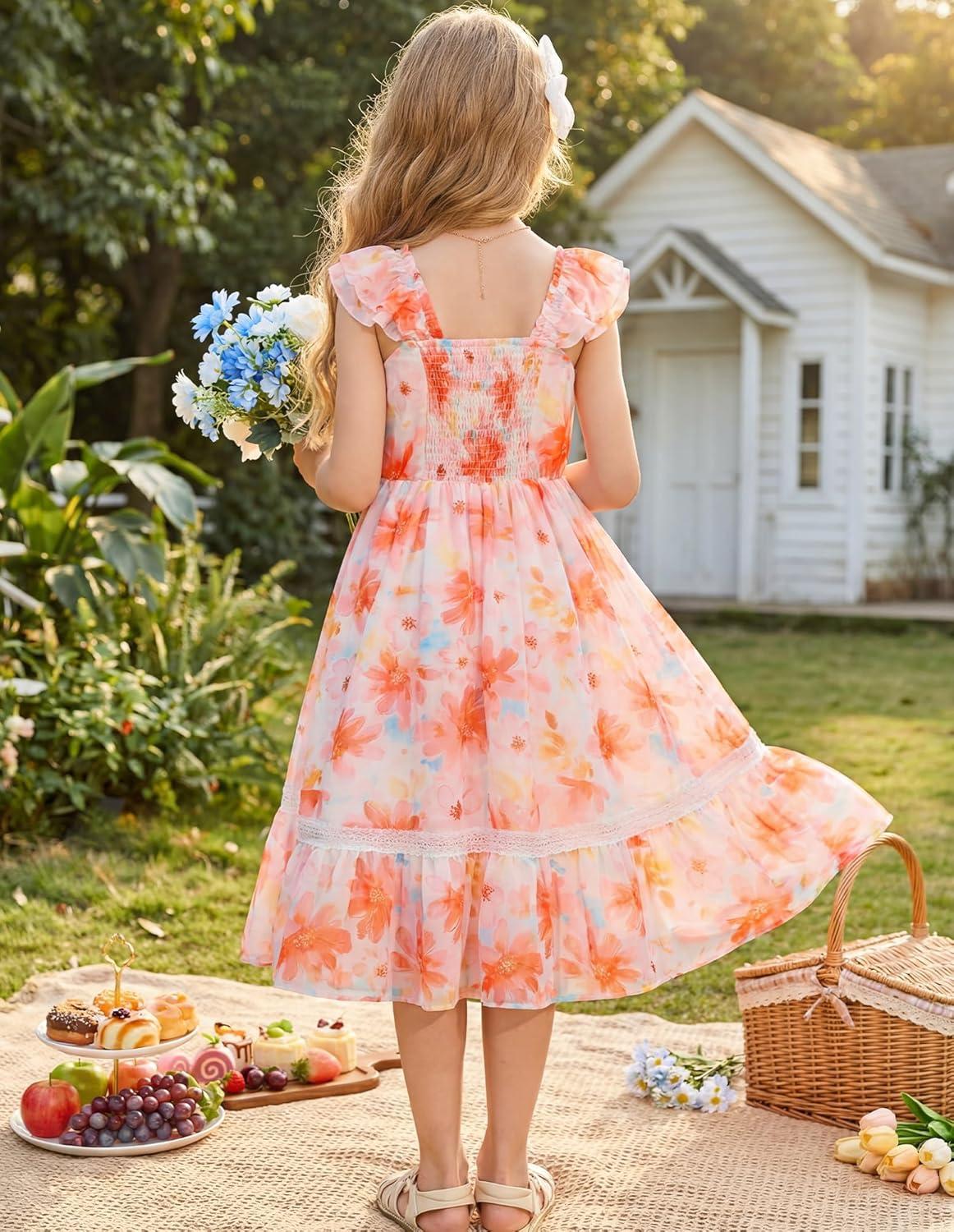 imageGRACE KARIN Girls Floral Spring Summer Dresses 714 Easter Flower Girl Maxi Dress Party Flutter Sleeve Holiday SundressRose Red Floralorange