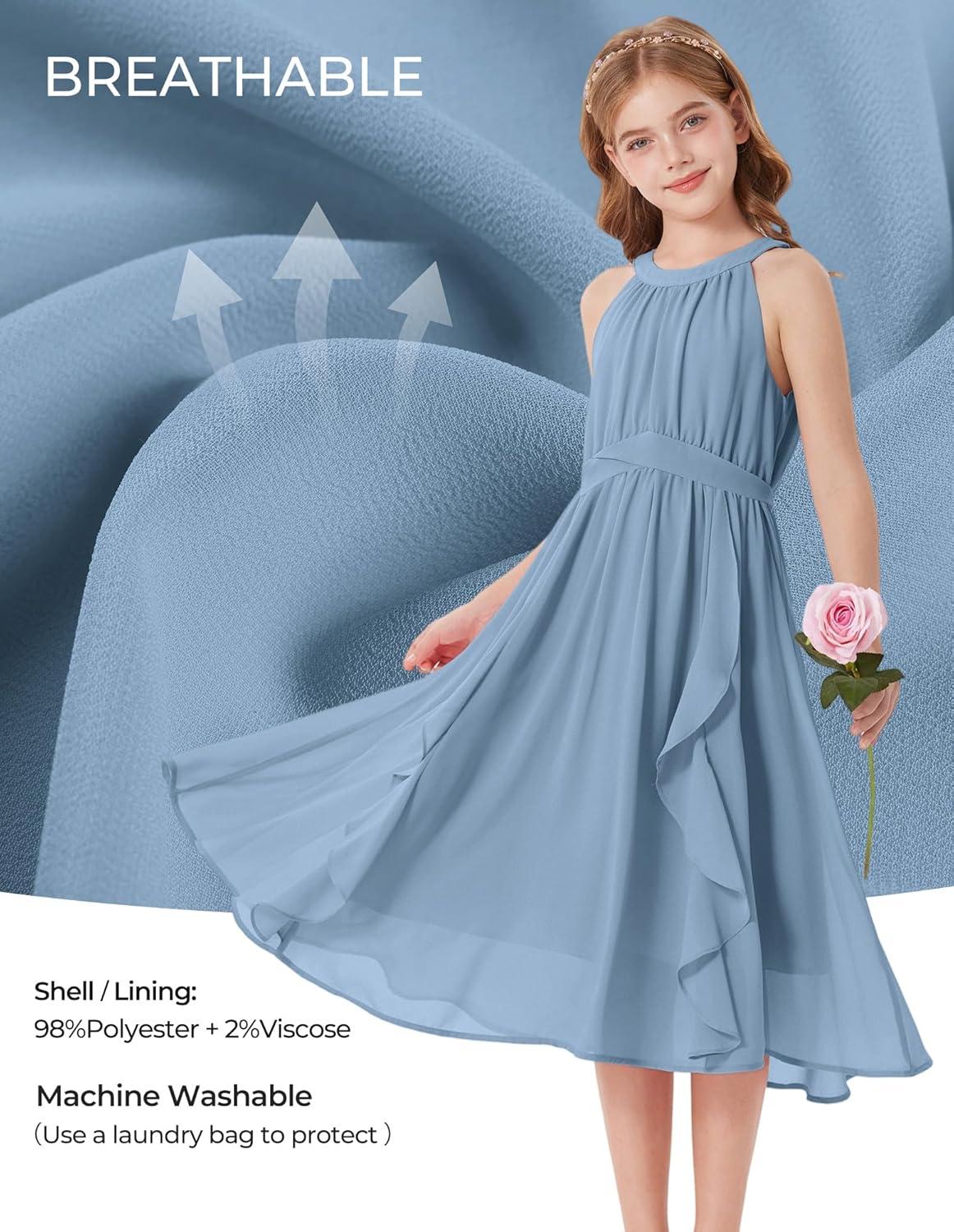 imageGRACE KARIN Girls Halter Neck Dress Midi Party Casual Chiffon Weeding Sundress Swing Pleated Dresses for Girl 614Dusty Blue