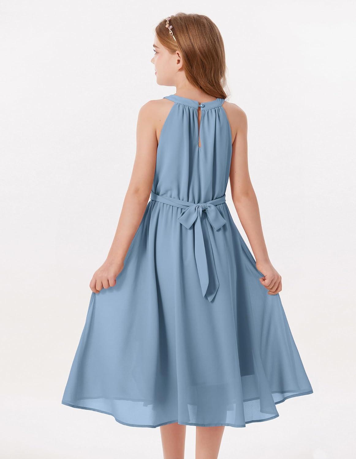 imageGRACE KARIN Girls Halter Neck Dress Midi Party Casual Chiffon Weeding Sundress Swing Pleated Dresses for Girl 614Dusty Blue