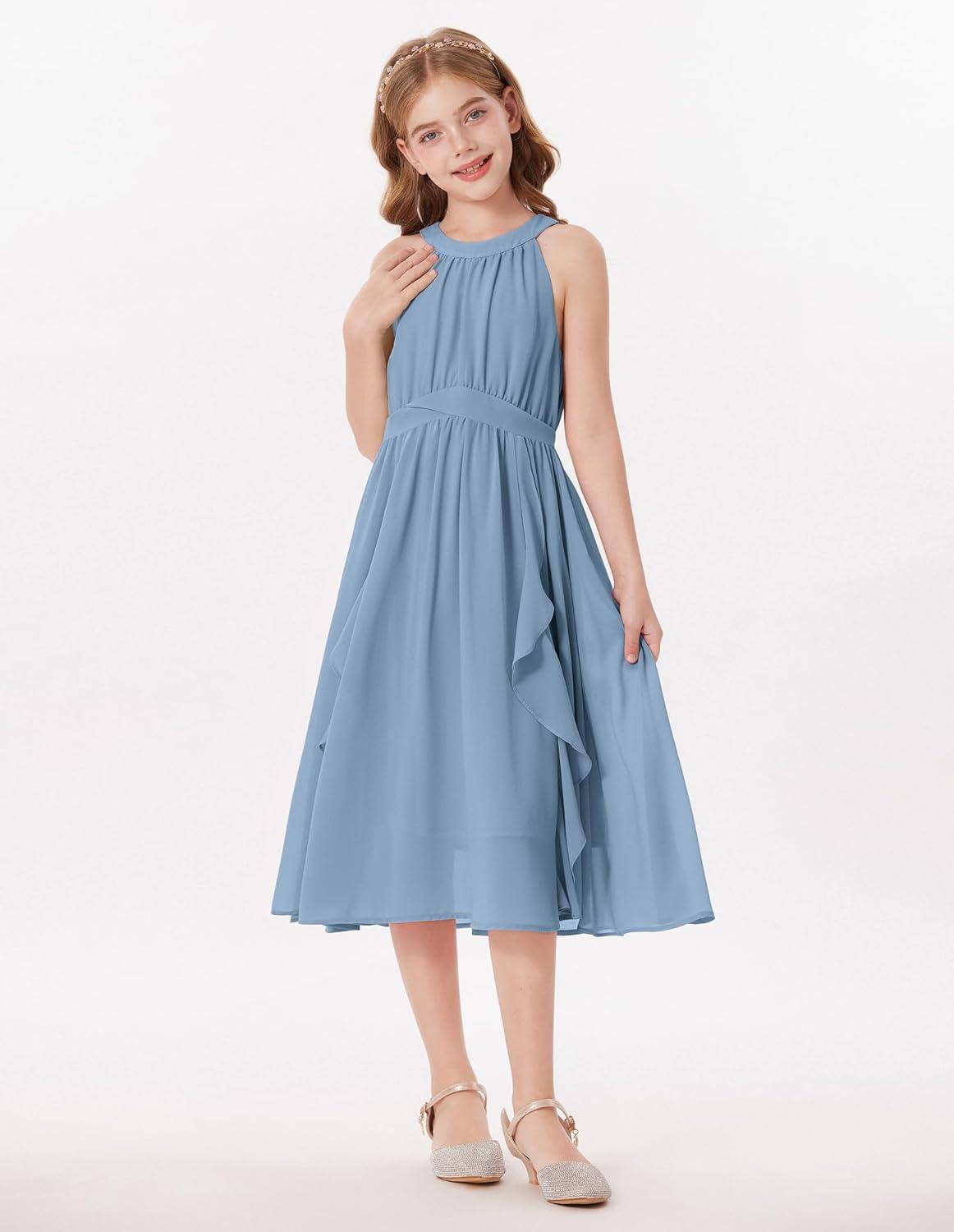 imageGRACE KARIN Girls Halter Neck Dress Midi Party Casual Chiffon Weeding Sundress Swing Pleated Dresses for Girl 614Dusty Blue