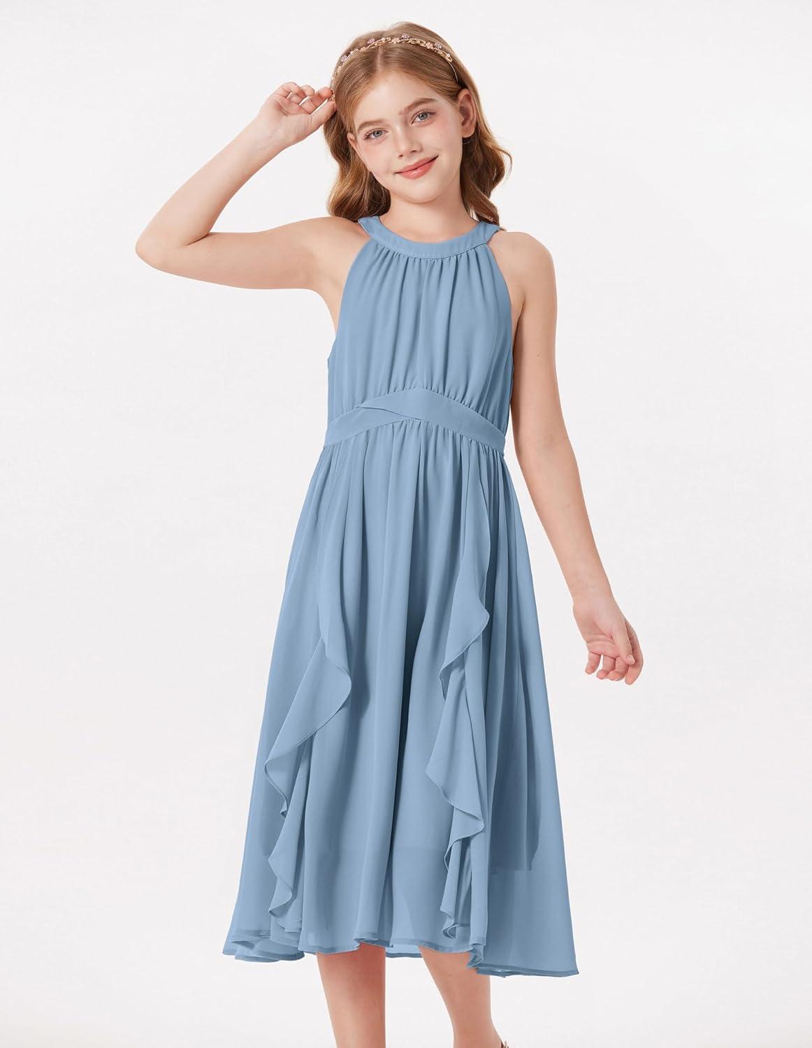 imageGRACE KARIN Girls Halter Neck Dress Midi Party Casual Chiffon Weeding Sundress Swing Pleated Dresses for Girl 614Dusty Blue
