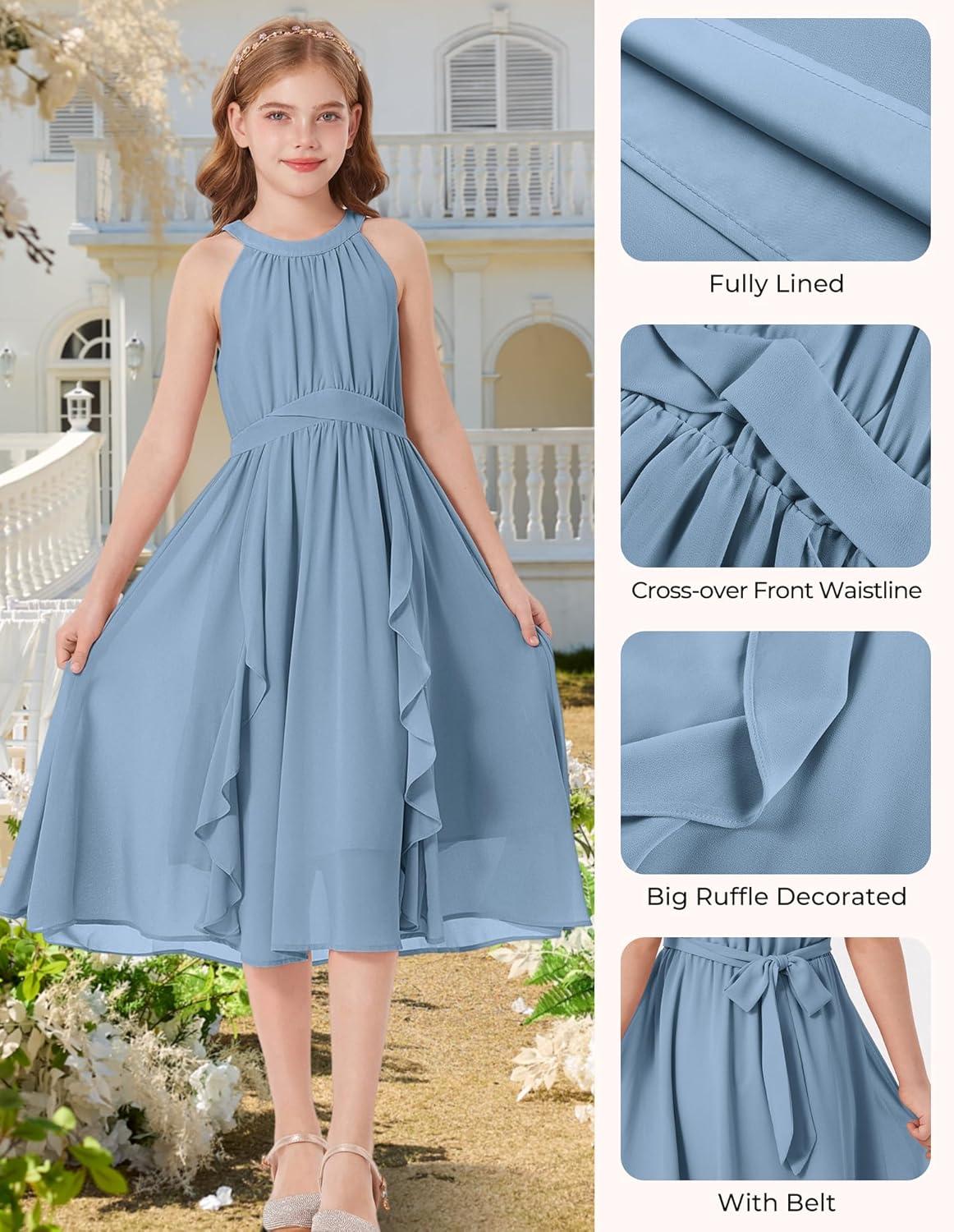 imageGRACE KARIN Girls Halter Neck Dress Midi Party Casual Chiffon Weeding Sundress Swing Pleated Dresses for Girl 614Dusty Blue