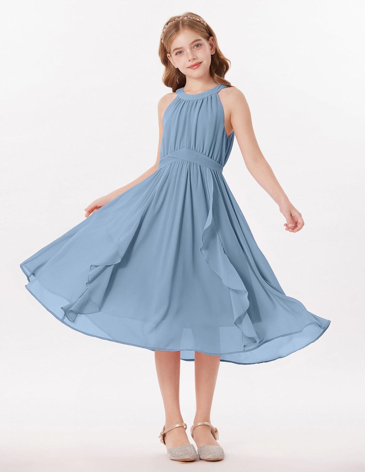 imageGRACE KARIN Girls Halter Neck Dress Midi Party Casual Chiffon Weeding Sundress Swing Pleated Dresses for Girl 614Dusty Blue