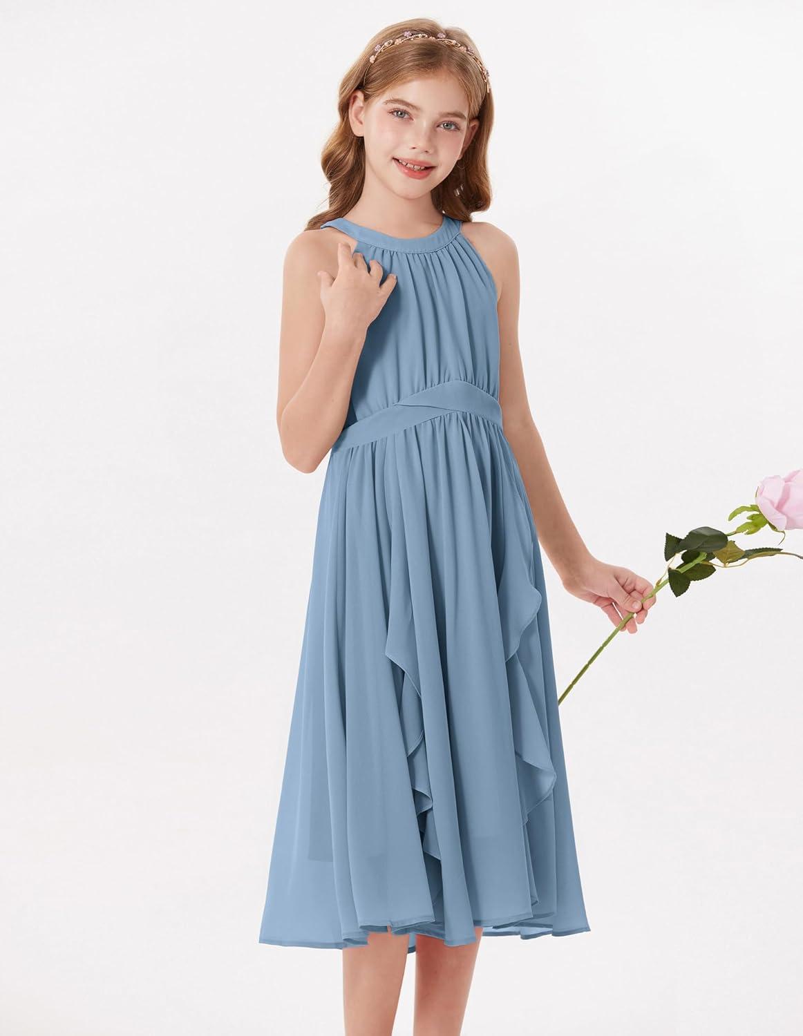 imageGRACE KARIN Girls Halter Neck Dress Midi Party Casual Chiffon Weeding Sundress Swing Pleated Dresses for Girl 614Dusty Blue