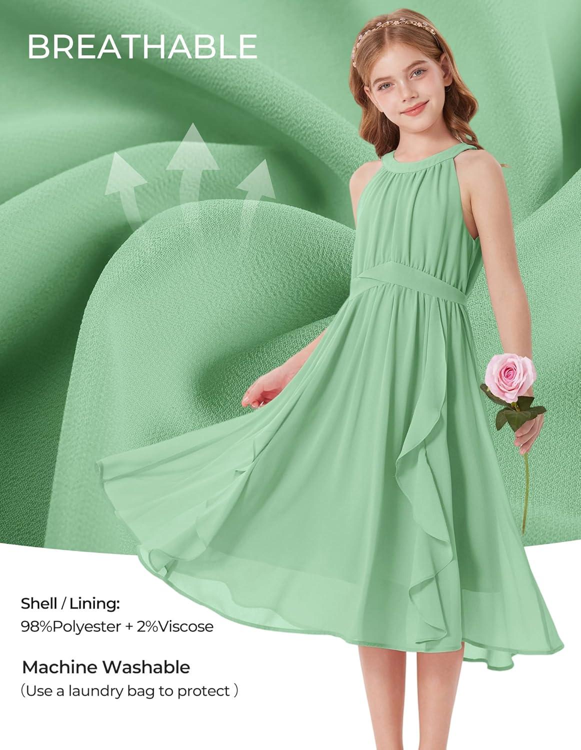 imageGRACE KARIN Girls Halter Neck Dress Midi Party Casual Chiffon Weeding Sundress Swing Pleated Dresses for Girl 614Green
