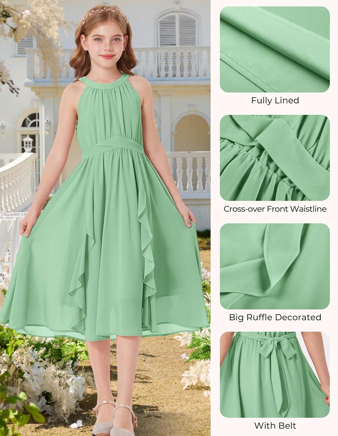 imageGRACE KARIN Girls Halter Neck Dress Midi Party Casual Chiffon Weeding Sundress Swing Pleated Dresses for Girl 614Green